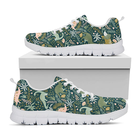 Cute Dino Tropical Leaves Pattern Print White Sneakers