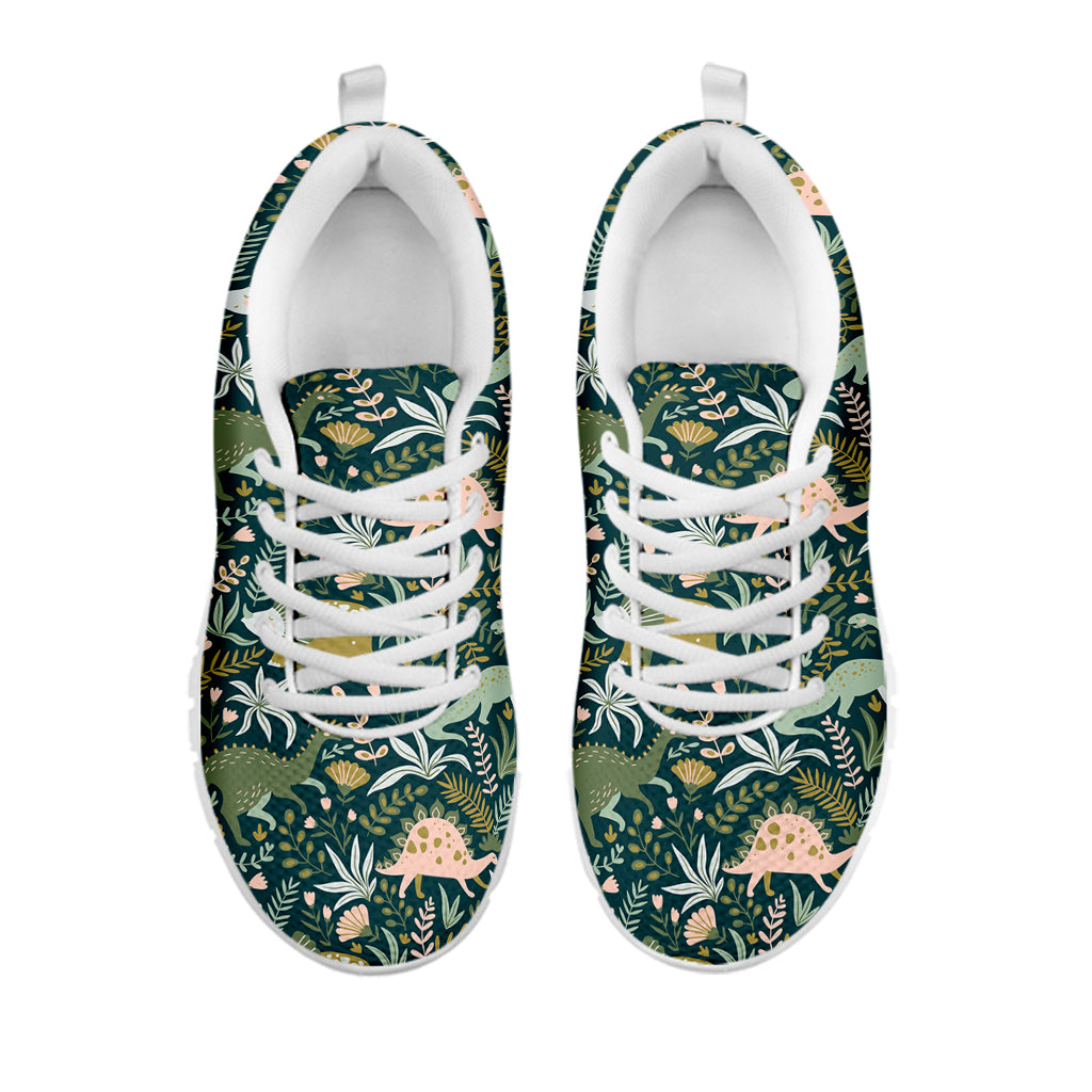 Cute Dino Tropical Leaves Pattern Print White Sneakers