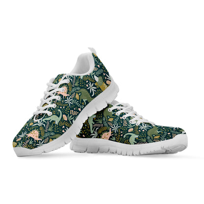 Cute Dino Tropical Leaves Pattern Print White Sneakers