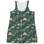 Cute Dino Tropical Leaves Pattern Print Women's Racerback Tank Top