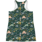 Cute Dino Tropical Leaves Pattern Print Women's Racerback Tank Top