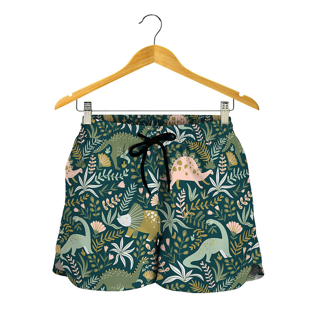 Cute Dino Tropical Leaves Pattern Print Women's Shorts