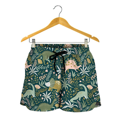 Cute Dino Tropical Leaves Pattern Print Women's Shorts