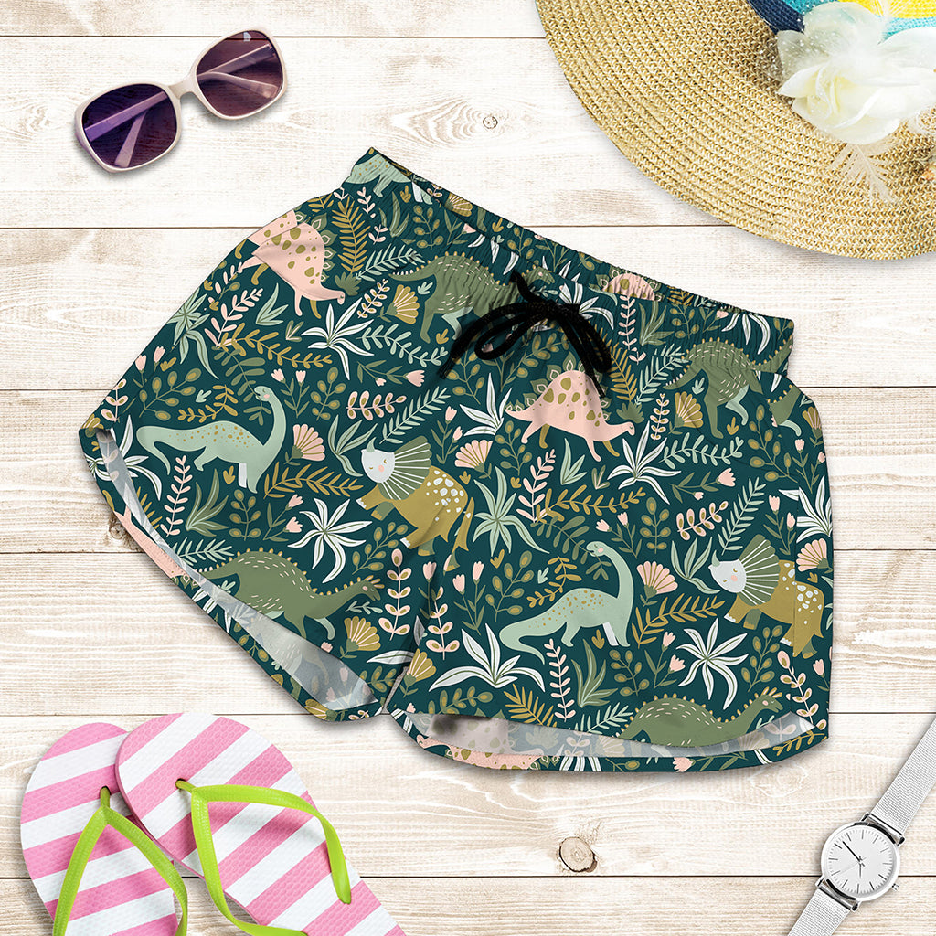 Cute Dino Tropical Leaves Pattern Print Women's Shorts