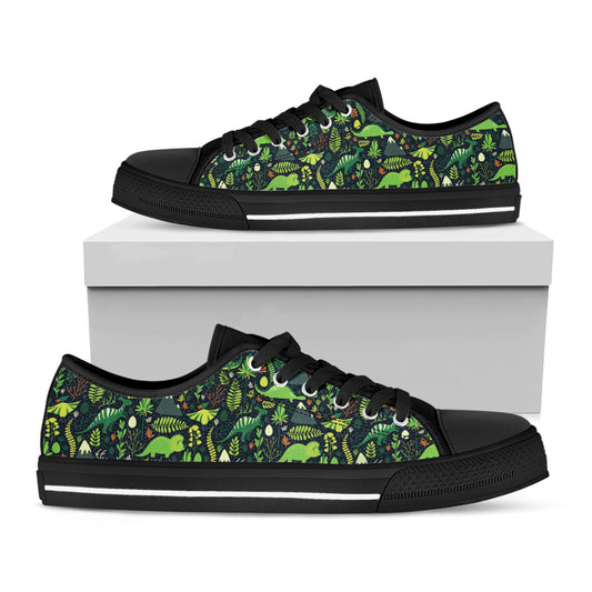 Cute Dinosaur And Floral Pattern Print Black Low Top Shoes