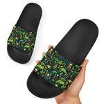 Cute Dinosaur And Floral Pattern Print Black Slide Sandals
