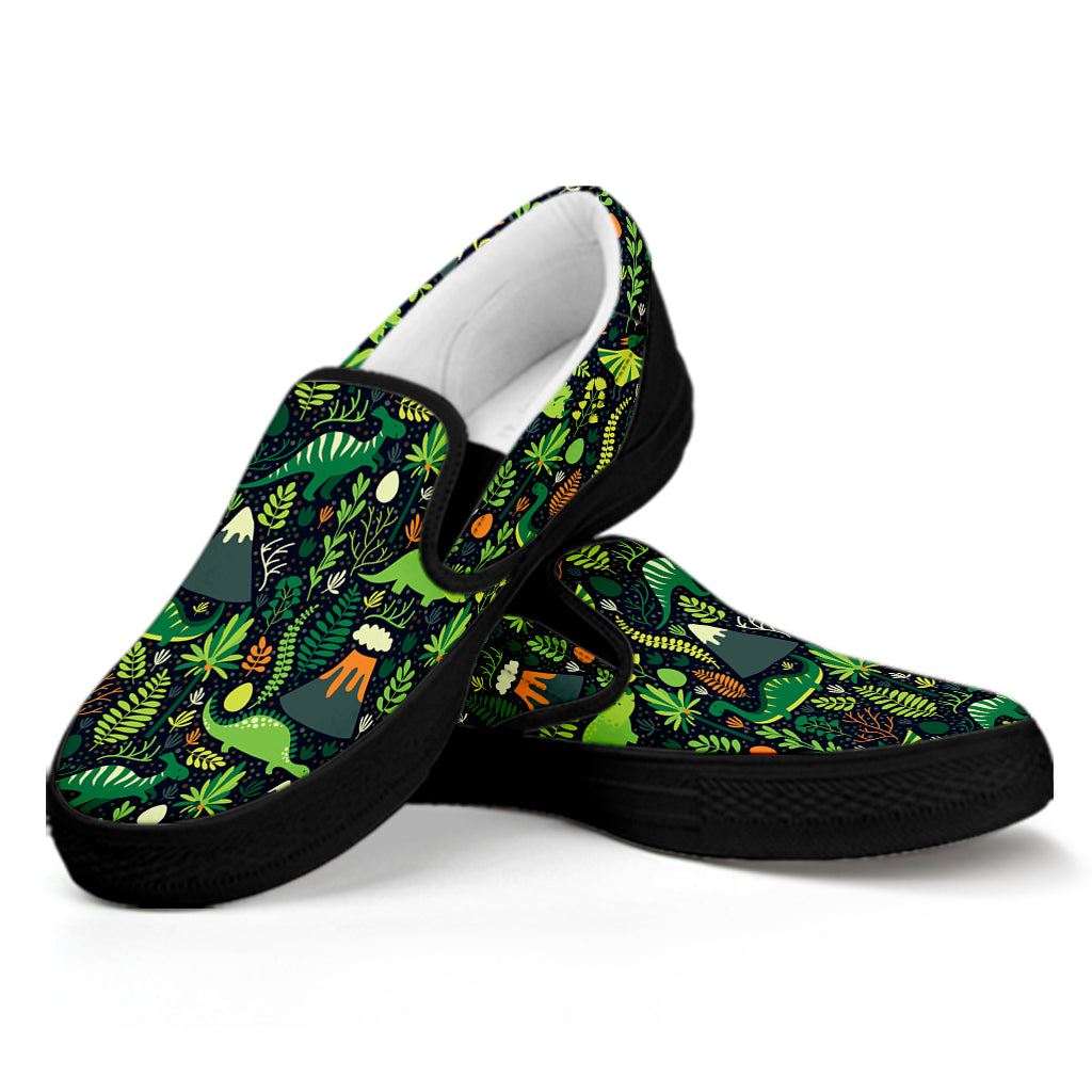 Cute Dinosaur And Floral Pattern Print Black Slip On Shoes