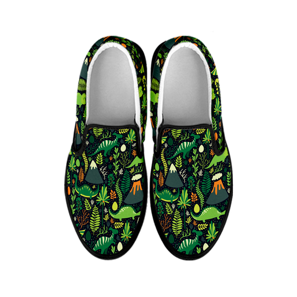 Cute Dinosaur And Floral Pattern Print Black Slip On Shoes
