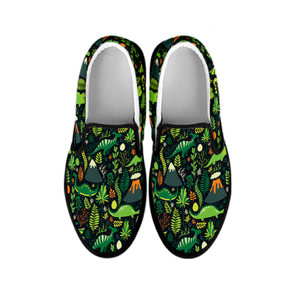 Cute Dinosaur And Floral Pattern Print Black Slip On Shoes