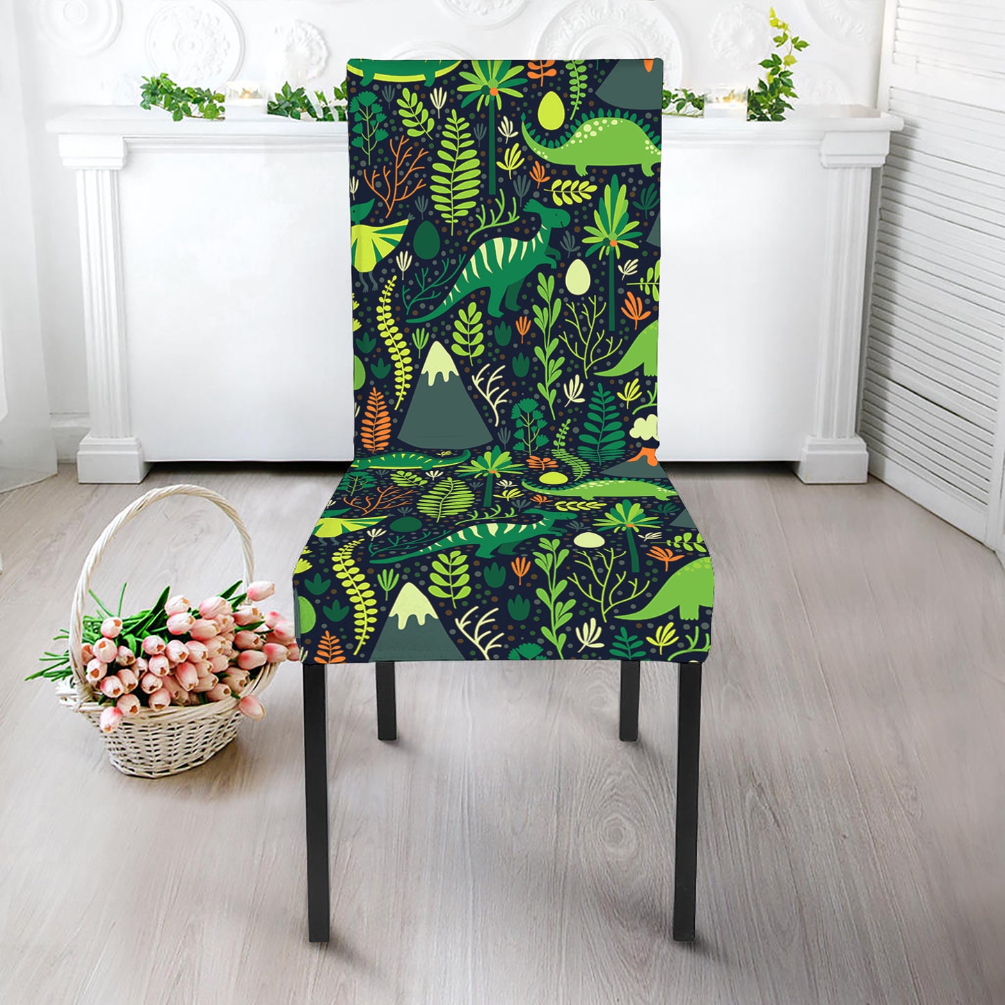 Cute Dinosaur And Floral Pattern Print Dining Chair Slipcover