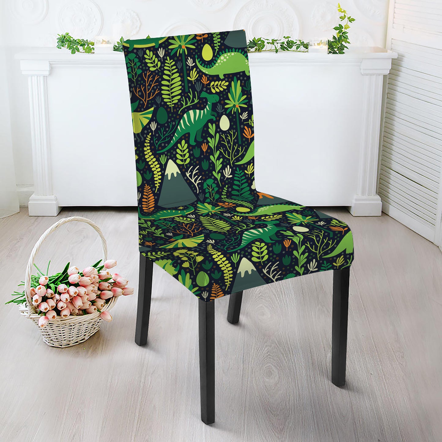 Cute Dinosaur And Floral Pattern Print Dining Chair Slipcover