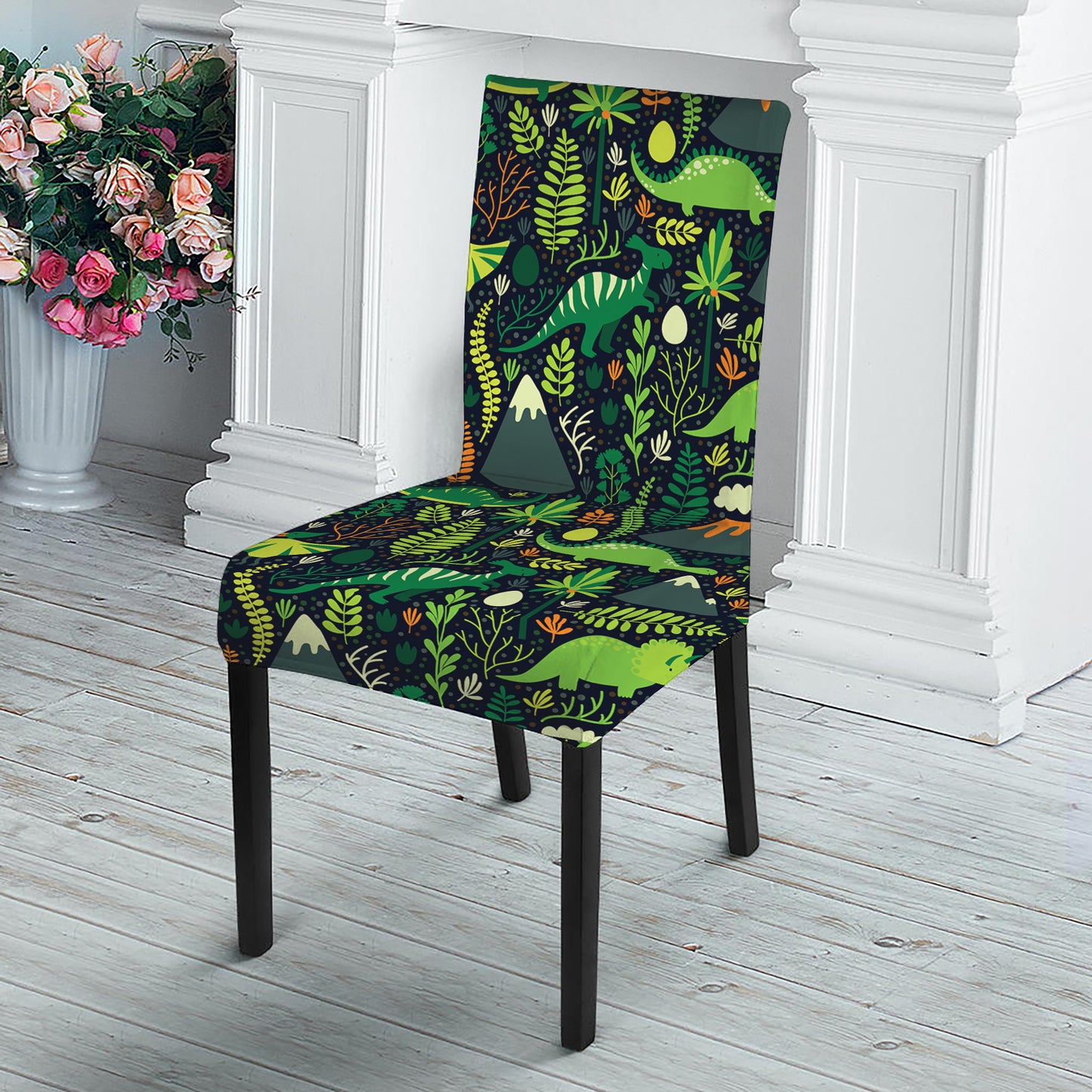 Cute Dinosaur And Floral Pattern Print Dining Chair Slipcover