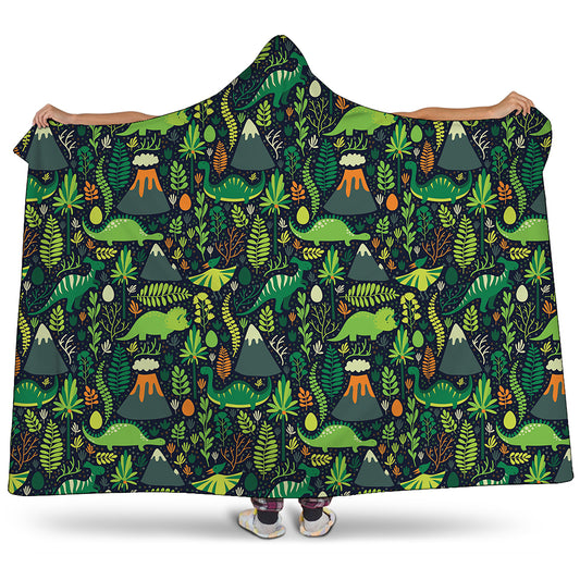 Cute Dinosaur And Floral Pattern Print Hooded Blanket