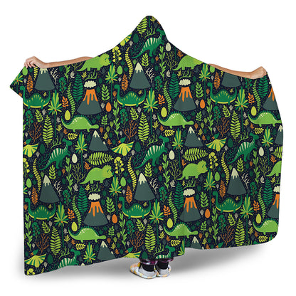 Cute Dinosaur And Floral Pattern Print Hooded Blanket