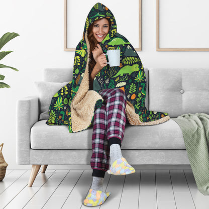 Cute Dinosaur And Floral Pattern Print Hooded Blanket