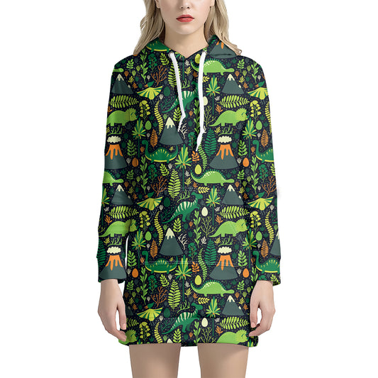 Cute Dinosaur And Floral Pattern Print Hoodie Dress