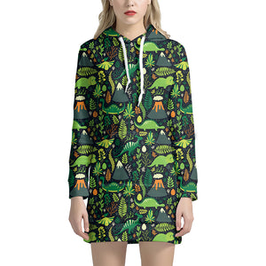 Cute Dinosaur and Floral Pattern Print Pullover Hoodie Dress