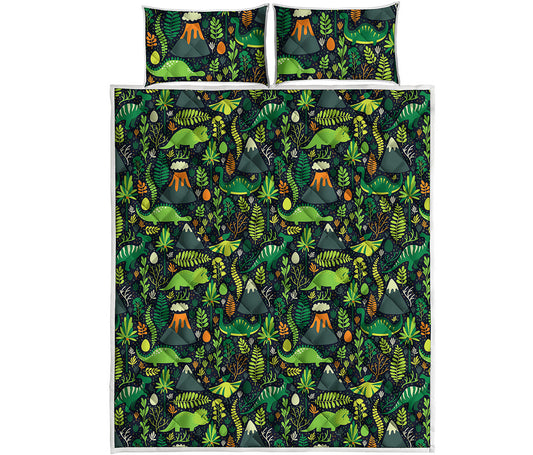 Cute Dinosaur And Floral Pattern Print Quilt Bed Set