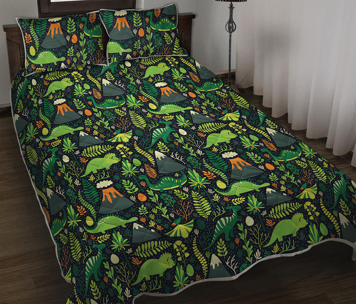 Cute Dinosaur And Floral Pattern Print Quilt Bed Set