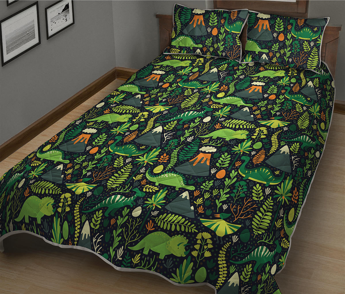 Cute Dinosaur And Floral Pattern Print Quilt Bed Set