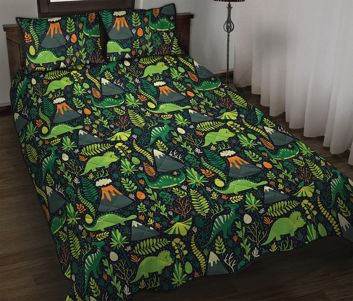 Cute Dinosaur And Floral Pattern Print Quilt Bed Set