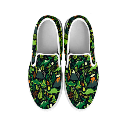 Cute Dinosaur And Floral Pattern Print White Slip On Shoes