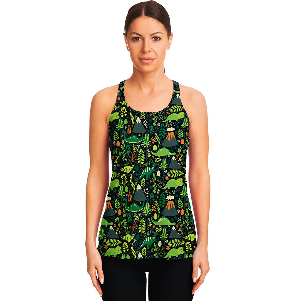 Cute Dinosaur And Floral Pattern Print Women's Racerback Tank Top