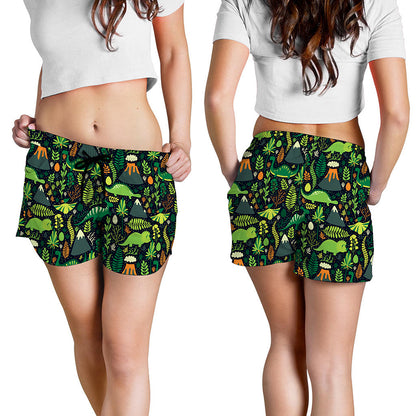 Cute Dinosaur And Floral Pattern Print Women's Shorts