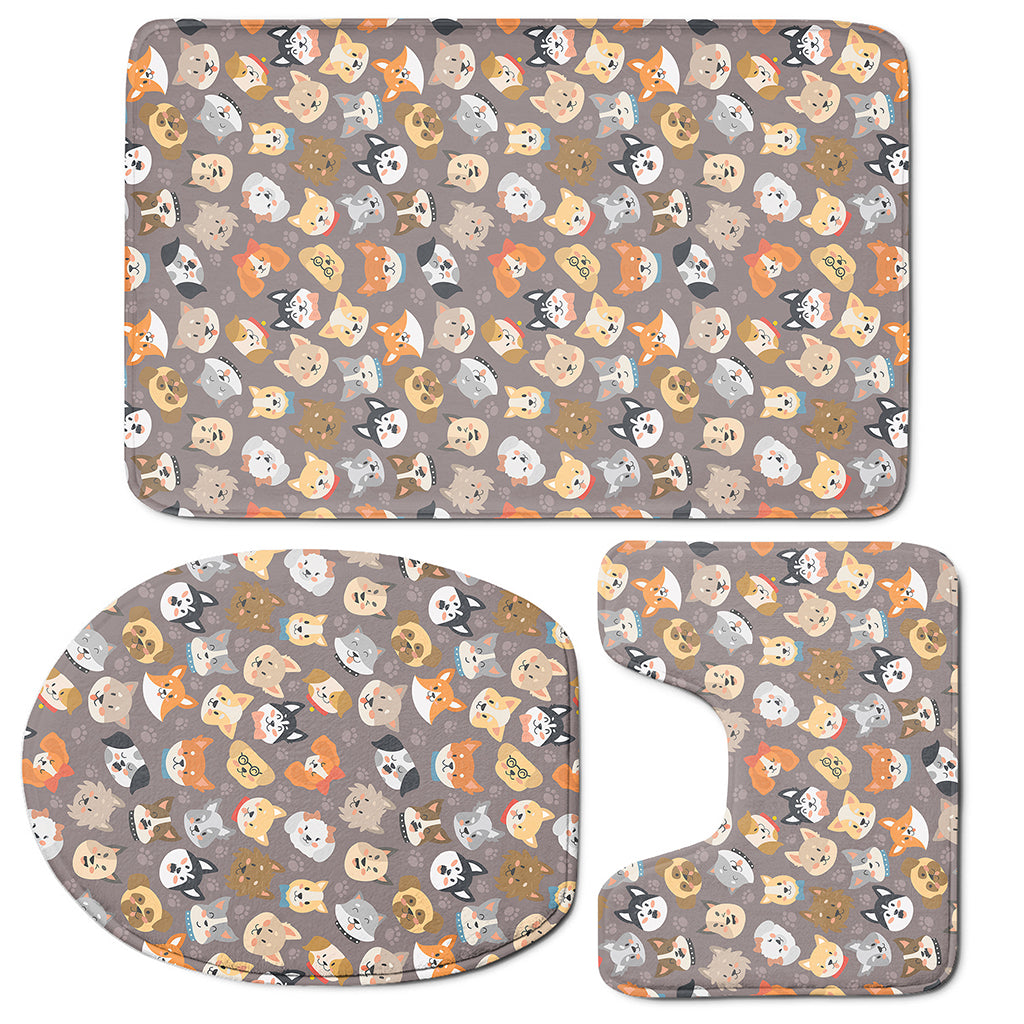 Cute Dog Emoji Pattern Print 3 Piece Bath Mat Set
