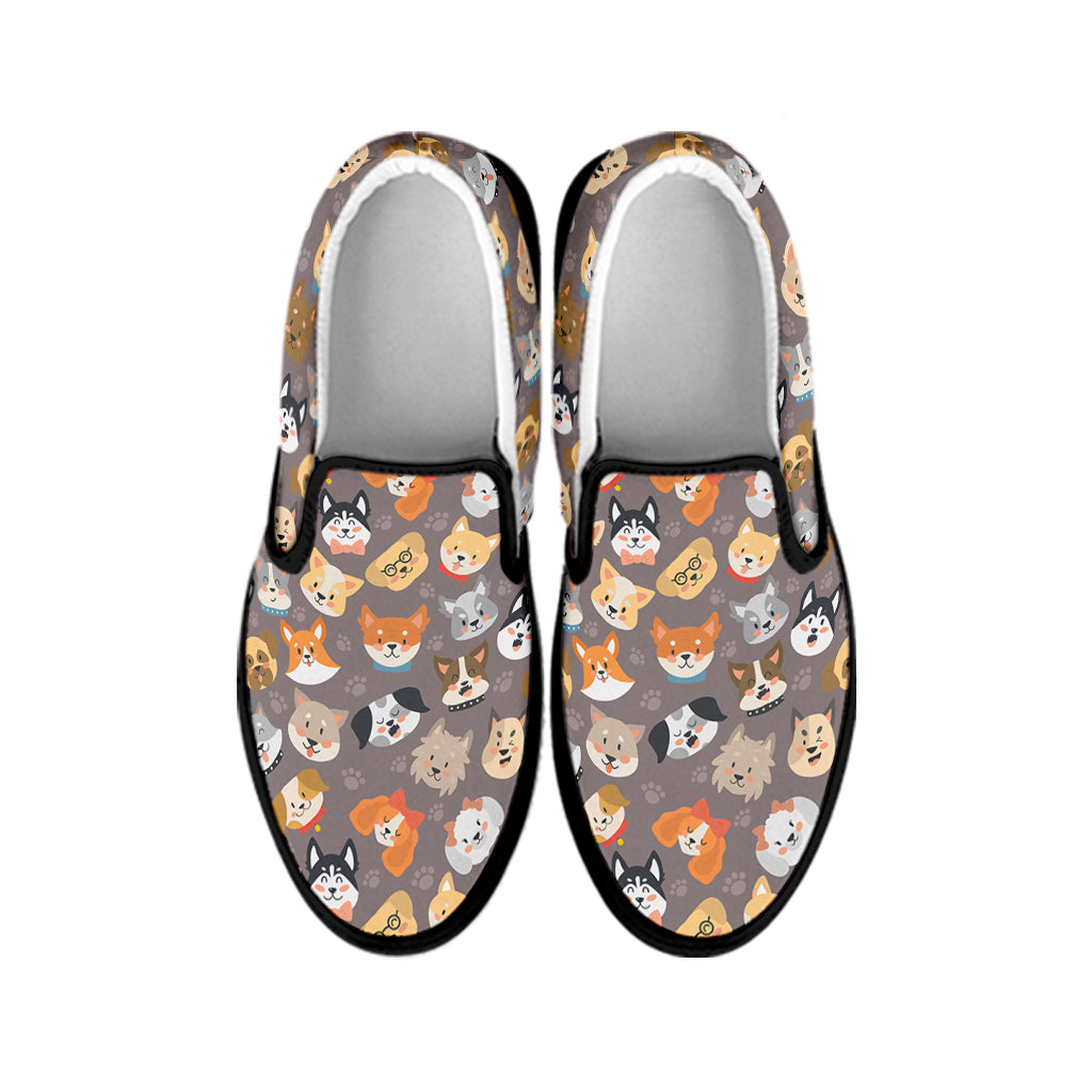 Cute Dog Emoji Pattern Print Black Slip On Shoes