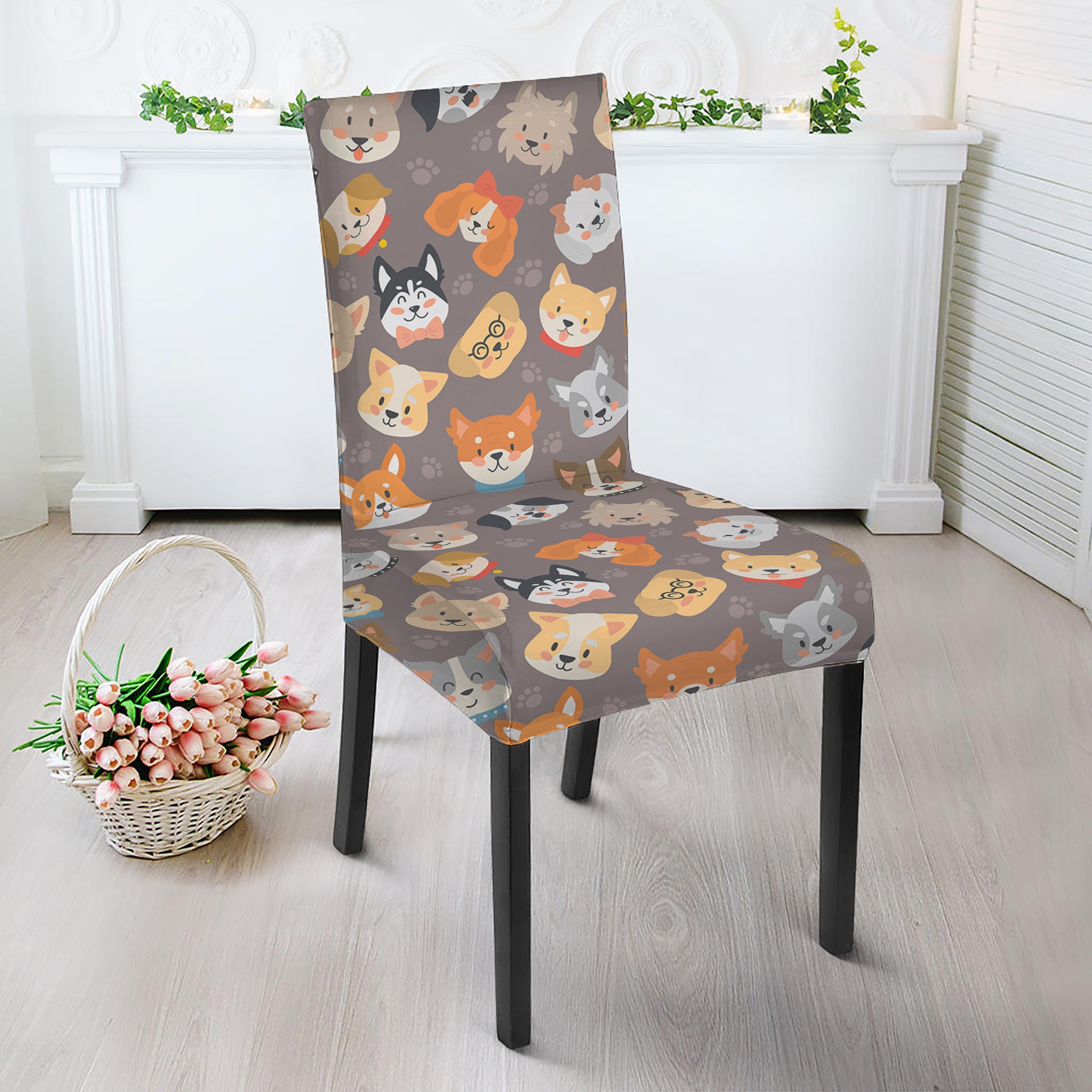 Cute Dog Emoji Pattern Print Dining Chair Slipcover