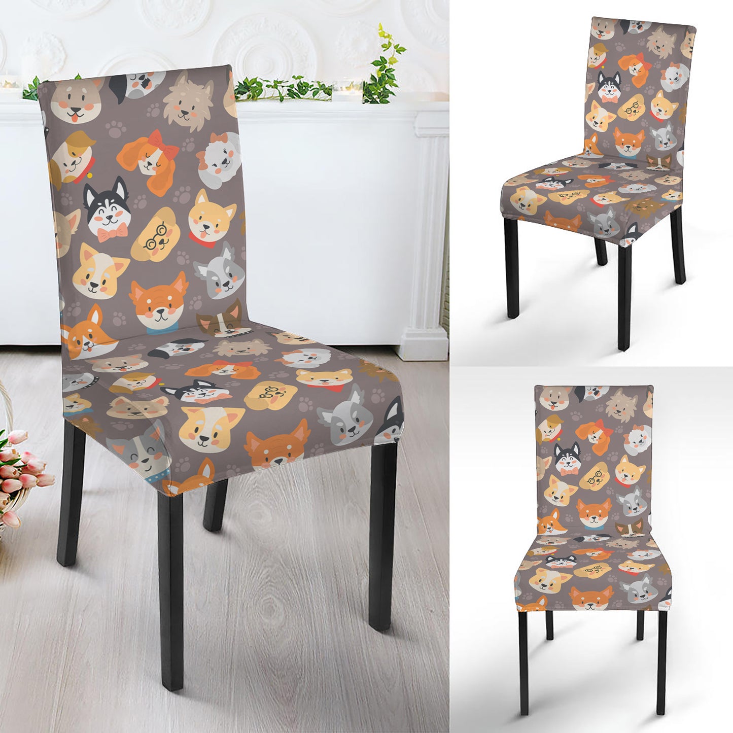 Cute Dog Emoji Pattern Print Dining Chair Slipcover