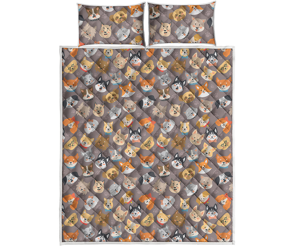 Cute Dog Emoji Pattern Print Quilt Bed Set