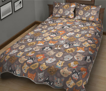 Cute Dog Emoji Pattern Print Quilt Bed Set