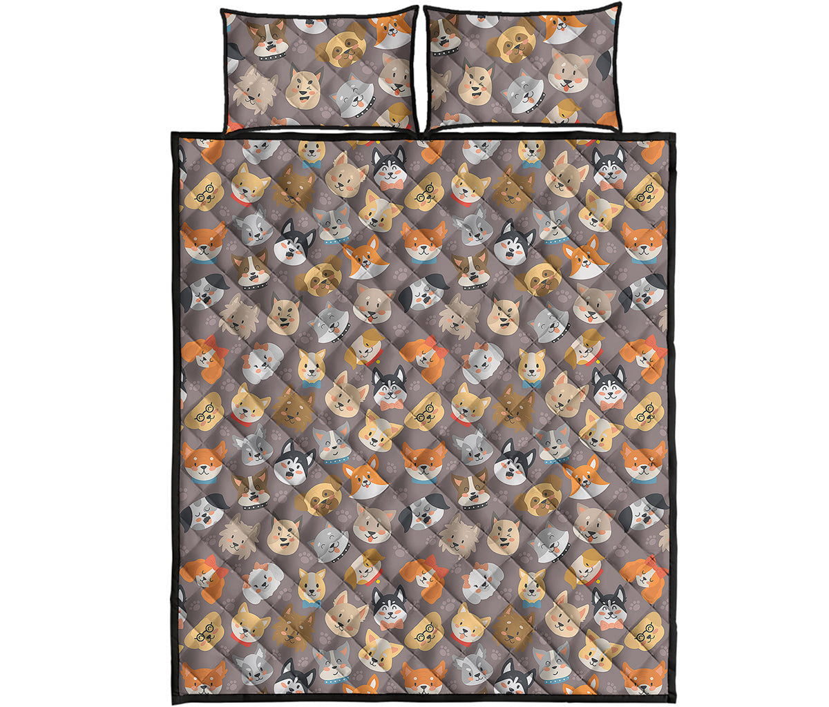 Cute Dog Emoji Pattern Print Quilt Bed Set