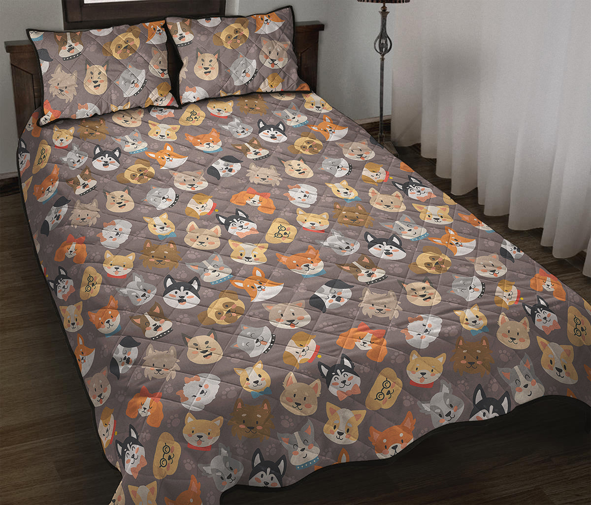 Cute Dog Emoji Pattern Print Quilt Bed Set