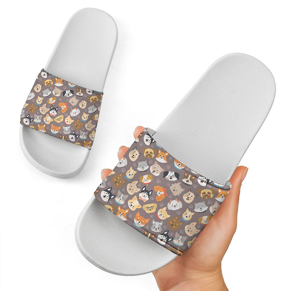 Cute Dog Emoji Pattern Print White Slide Sandals