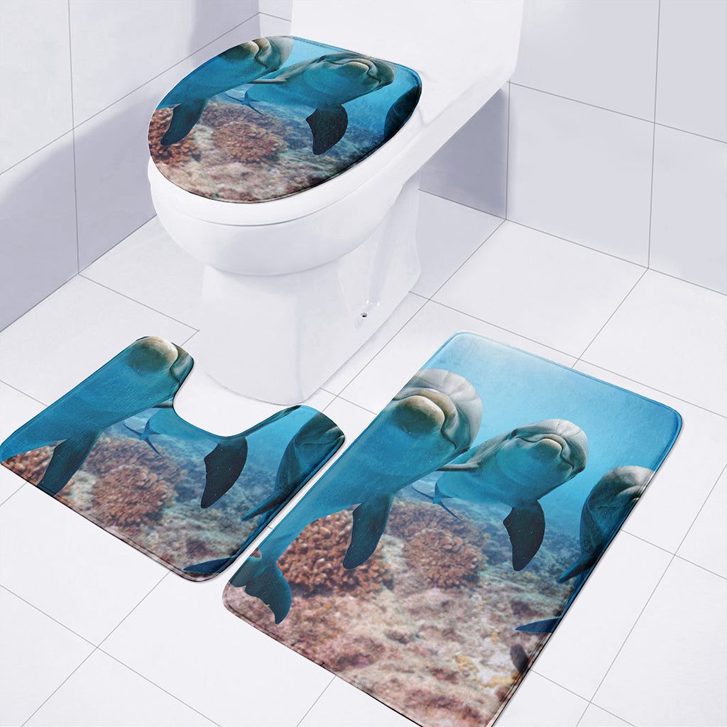 Cute Dolphins In The Ocean Print 3 Piece Bath Mat Set
