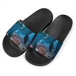 Cute Dolphins In The Ocean Print Black Slide Sandals