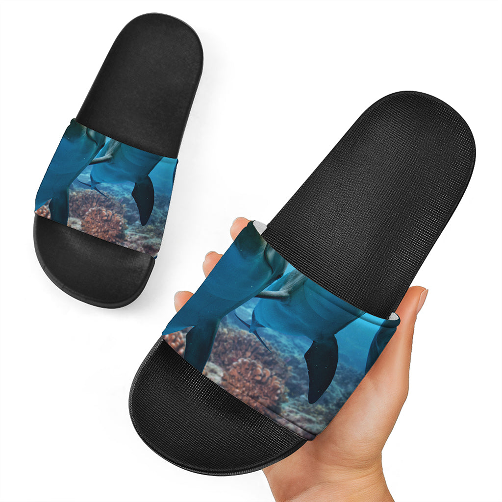 Cute Dolphins In The Ocean Print Black Slide Sandals