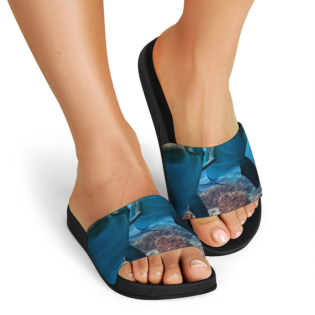 Cute Dolphins In The Ocean Print Black Slide Sandals