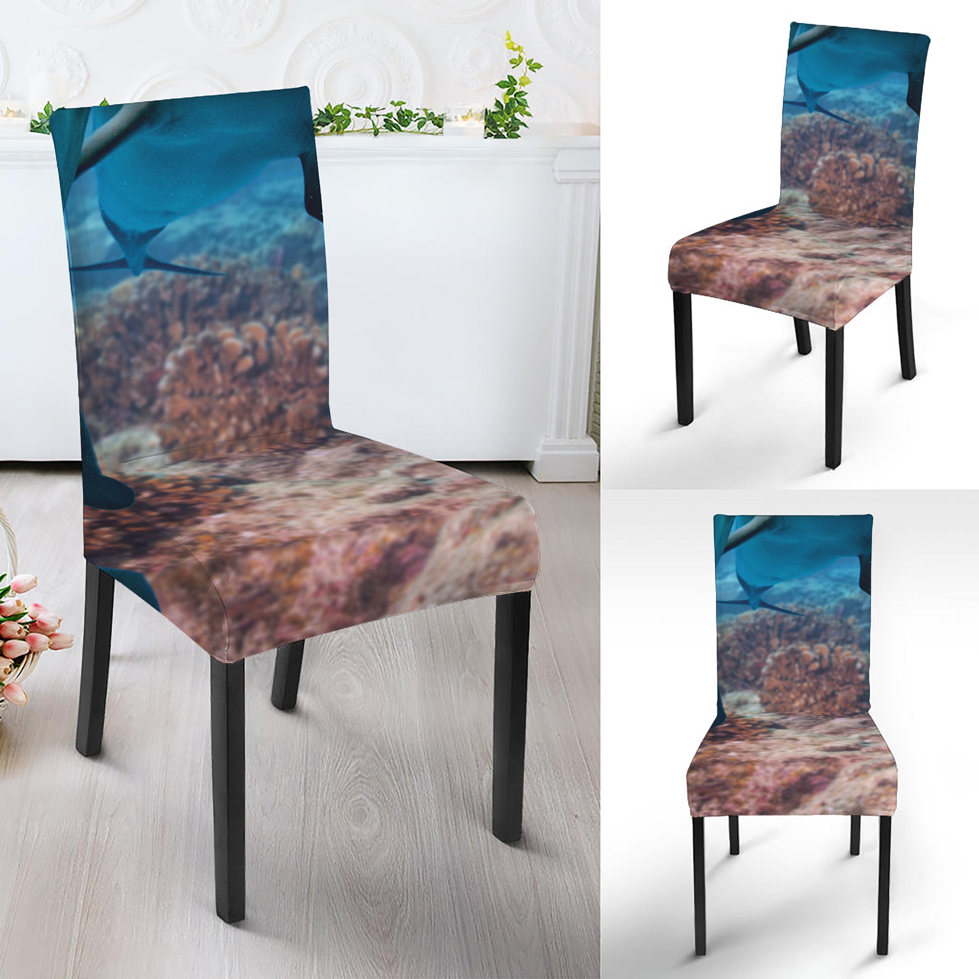 Cute Dolphins In The Ocean Print Dining Chair Slipcover