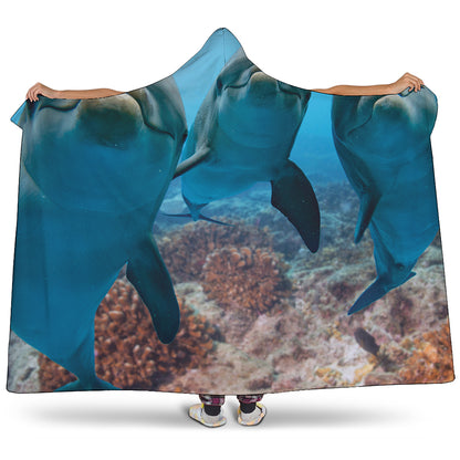 Cute Dolphins In The Ocean Print Hooded Blanket