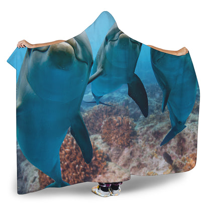Cute Dolphins In The Ocean Print Hooded Blanket