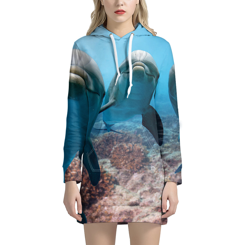 Cute Dolphins In The Ocean Print Hoodie Dress