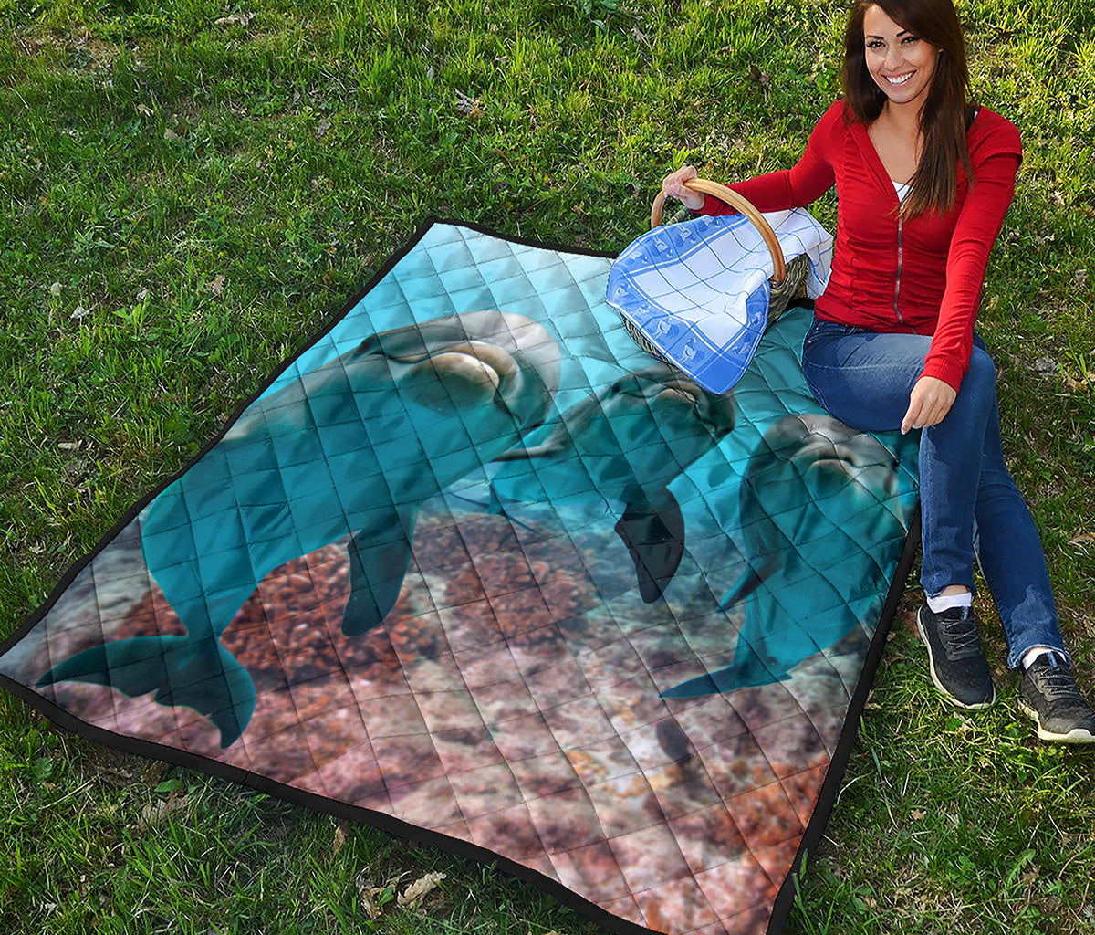 Cute Dolphins In The Ocean Print Quilt