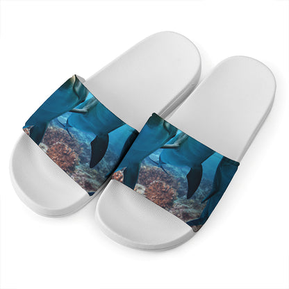 Cute Dolphins In The Ocean Print White Slide Sandals