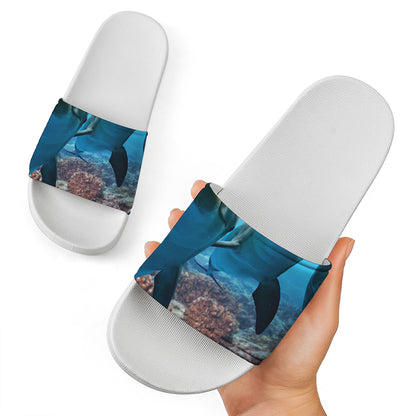 Cute Dolphins In The Ocean Print White Slide Sandals