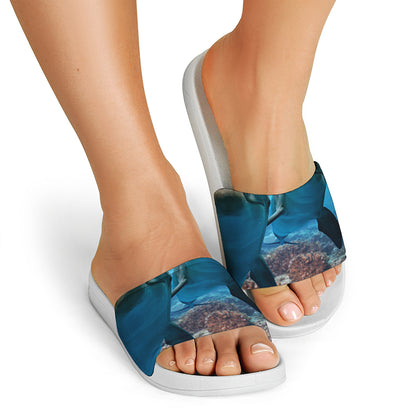 Cute Dolphins In The Ocean Print White Slide Sandals