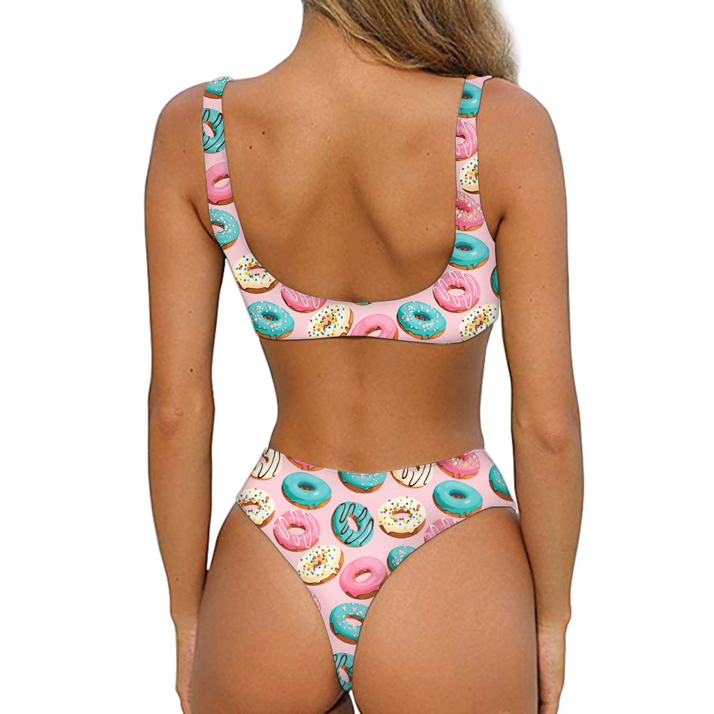 Cute Donut Pattern Print Front Bow Tie Bikini